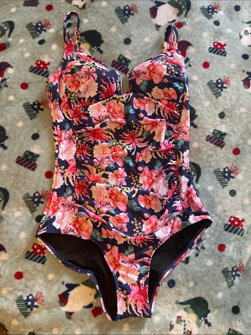 Floral One-Piece Swim Suit - Navy with Pink Blossoms